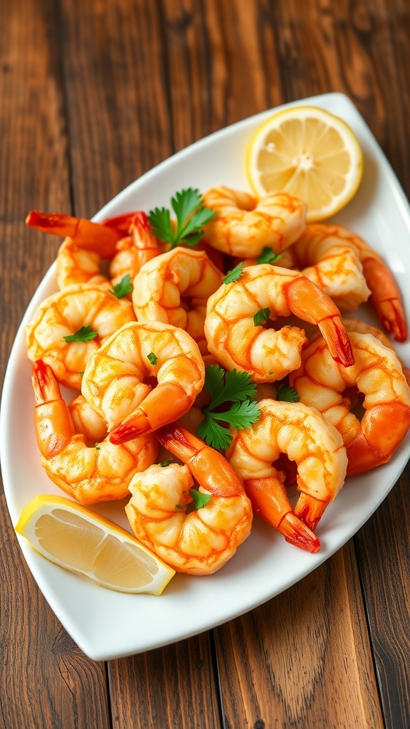 Crispy air fryer shrimp on a plate with parsley and lemon, served with dipping sauce.